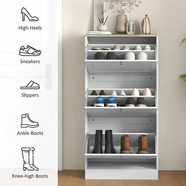 Alt view image 6 of 7 - Shoe Storage Cabinet with 3 Flip Drawers, Adjustable Shelves, White | Wooden Freestanding Shoe Organizer, Narrow Design, Entryway, Hallway