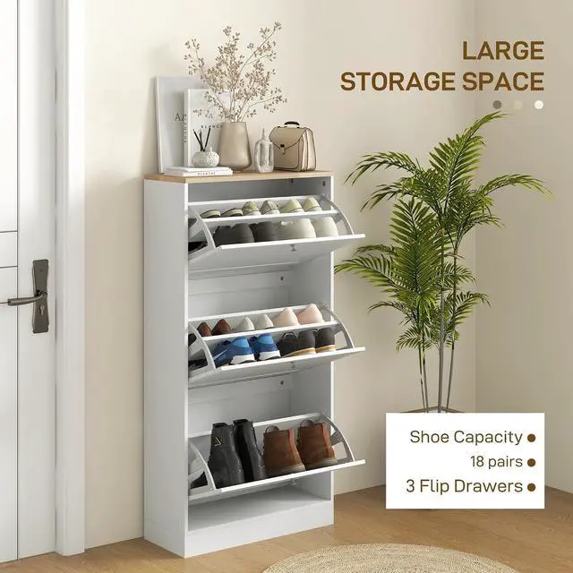 Alt view image 4 of 7 - Shoe Storage Cabinet with 3 Flip Drawers, Adjustable Shelves, White | Wooden Freestanding Shoe Organizer, Narrow Design, Entryway, Hallway
