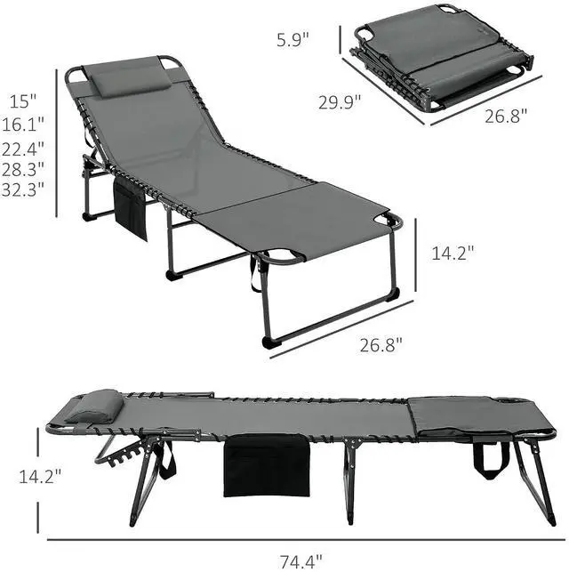 Alt view image 3 of 7 - Folding Chaise Lounge Outdoor w/Face Hole Gray | 5-Level Reclining Back, Foldable, Tanning Chair, Face Hole, Side Pocket, Headrest, for Outside, Beach Yard Patio, Adults