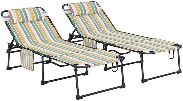 Main image of 2 Piece Folding Chaise Lounge Outdoor w/Face Hole Rainbow Striped | 5-Level Reclining Back, Foldable, Tanning Chair, Face Hole, Side Pocket, Headrest, for Outside, Beach Yard Patio, Adults