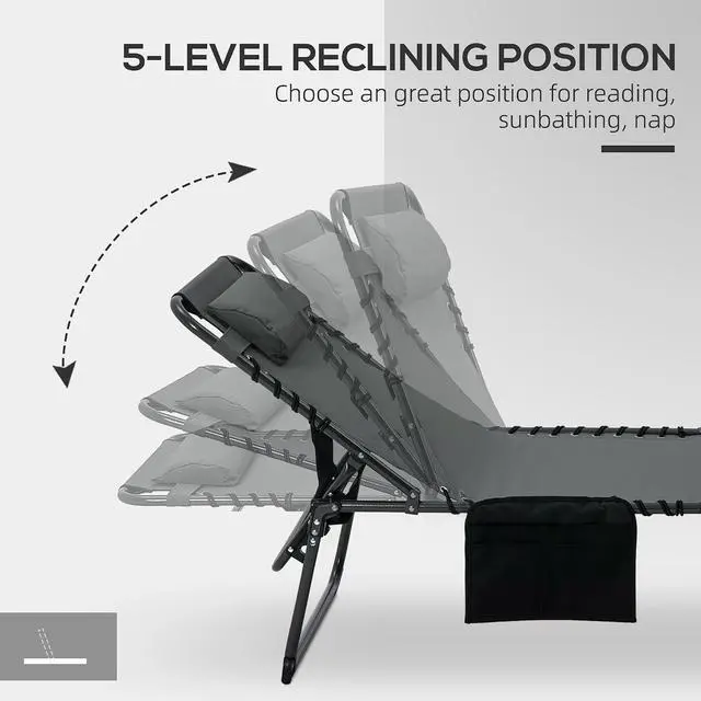 Alt view image 6 of 7 - Folding Chaise Lounge Outdoor w/Face Hole Gray | 5-Level Reclining Back, Foldable, Tanning Chair, Face Hole, Side Pocket, Headrest, for Outside, Beach Yard Patio, Adults