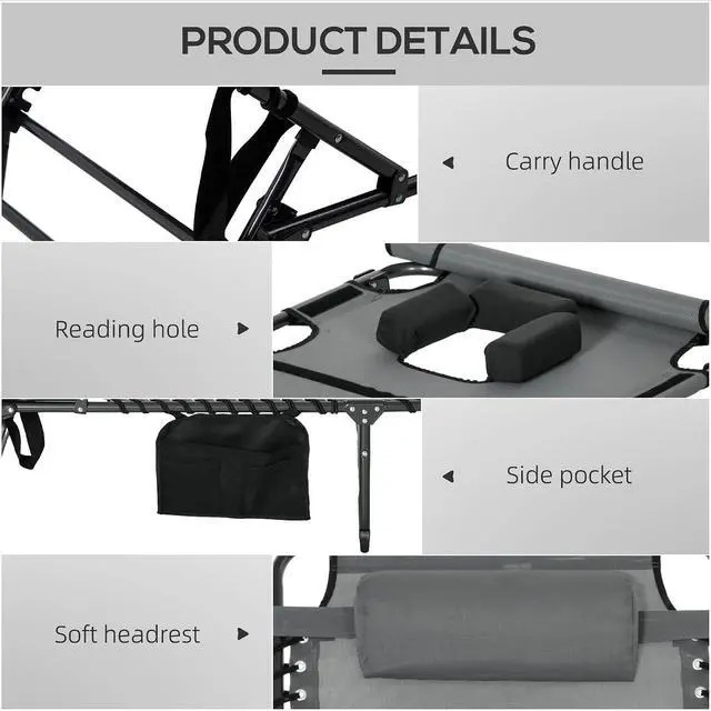 Alt view image 5 of 7 - Folding Chaise Lounge Outdoor w/Face Hole Gray | 5-Level Reclining Back, Foldable, Tanning Chair, Face Hole, Side Pocket, Headrest, for Outside, Beach Yard Patio, Adults