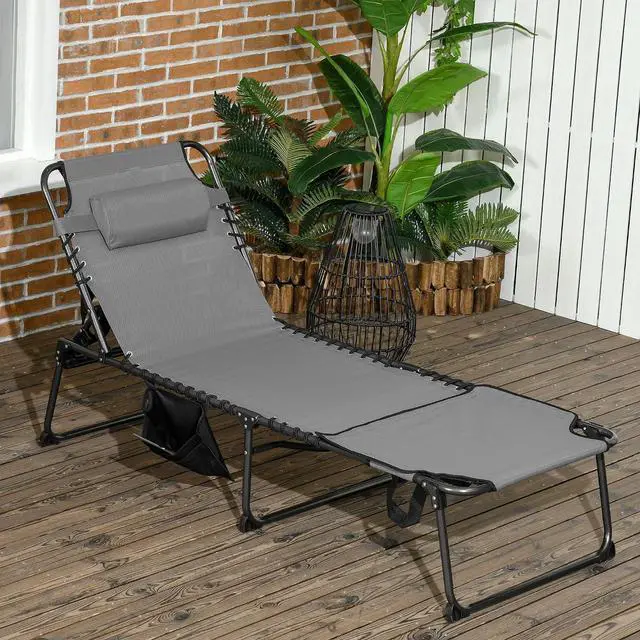 Alt view image 2 of 7 - Folding Chaise Lounge Outdoor w/Face Hole Gray | 5-Level Reclining Back, Foldable, Tanning Chair, Face Hole, Side Pocket, Headrest, for Outside, Beach Yard Patio, Adults