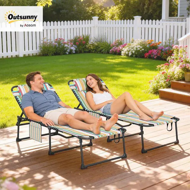 Alt view image 2 of 7 - 2 Piece Folding Chaise Lounge Outdoor w/Face Hole Rainbow Striped | 5-Level Reclining Back, Foldable, Tanning Chair, Face Hole, Side Pocket, Headrest, for Outside, Beach Yard Patio, Adults