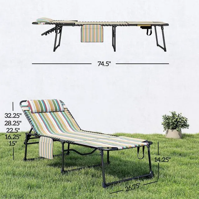 Alt view image 3 of 7 - 2 Piece Folding Chaise Lounge Outdoor w/Face Hole Rainbow Striped | 5-Level Reclining Back, Foldable, Tanning Chair, Face Hole, Side Pocket, Headrest, for Outside, Beach Yard Patio, Adults