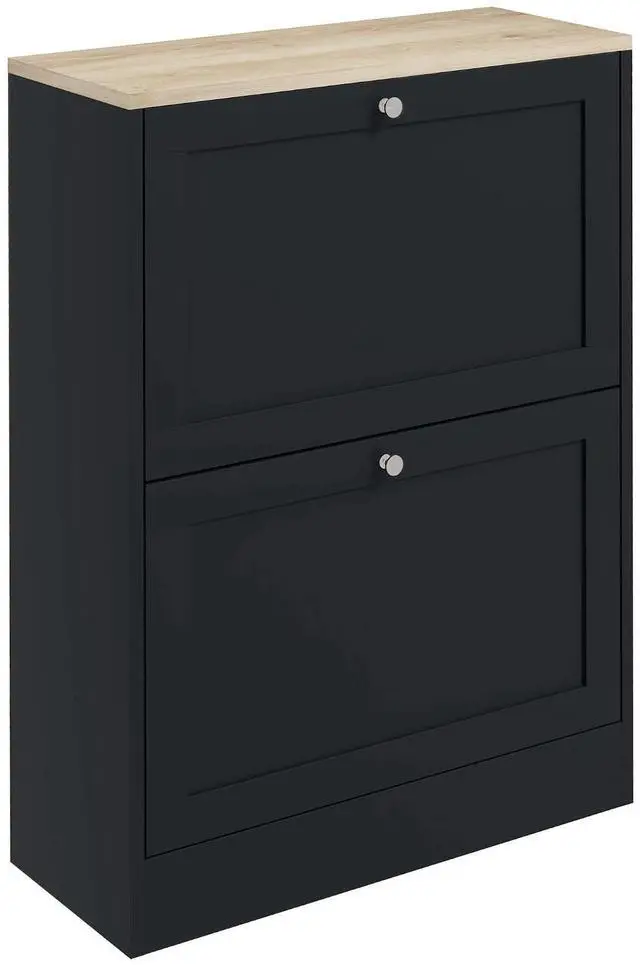 Main image of Shoe Storage Cabinet with 2 Flip Drawers, Adjustable Shelves, Black | Wooden Freestanding Shoe Organizer, Narrow Design, Entryway, Hallway
