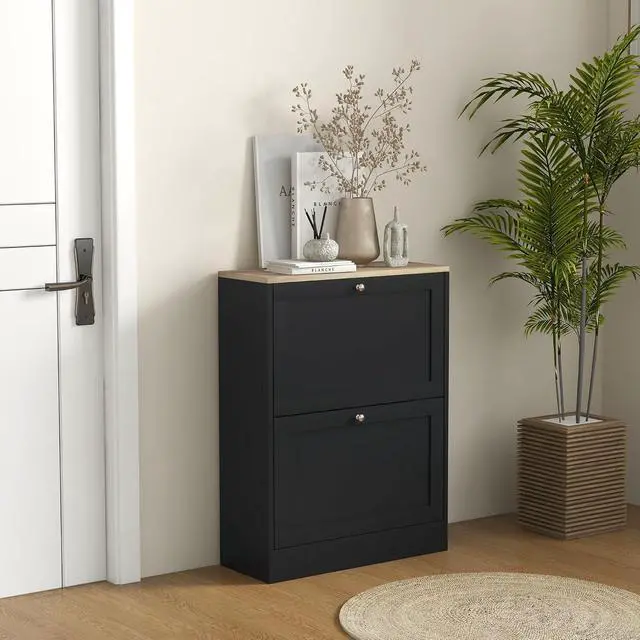 Alt view image 2 of 7 - Shoe Storage Cabinet with 2 Flip Drawers, Adjustable Shelves, Black | Wooden Freestanding Shoe Organizer, Narrow Design, Entryway, Hallway