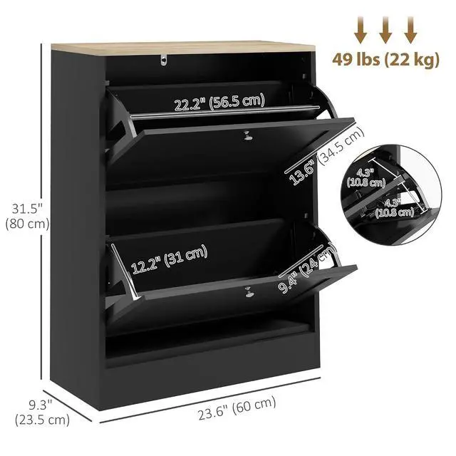 Alt view image 3 of 7 - Shoe Storage Cabinet with 2 Flip Drawers, Adjustable Shelves, Black | Wooden Freestanding Shoe Organizer, Narrow Design, Entryway, Hallway