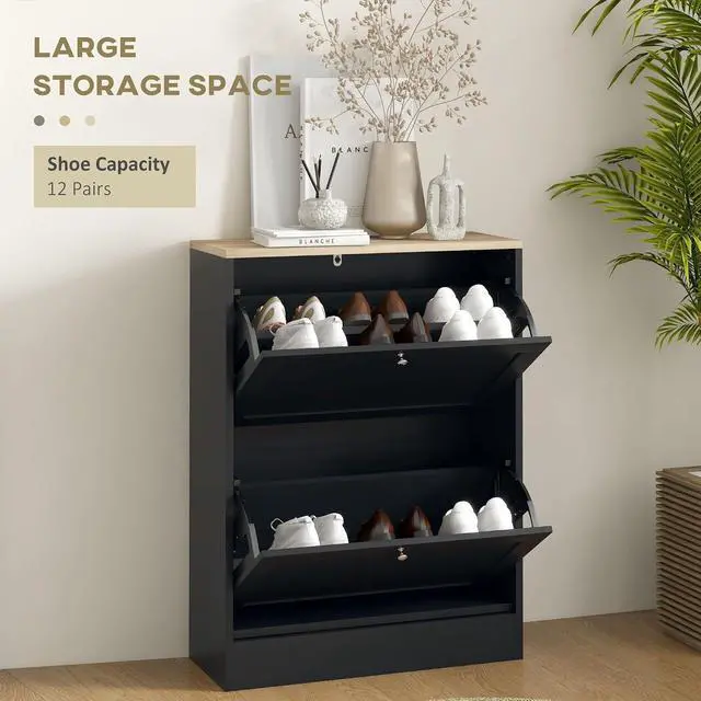 Alt view image 4 of 7 - Shoe Storage Cabinet with 2 Flip Drawers, Adjustable Shelves, Black | Wooden Freestanding Shoe Organizer, Narrow Design, Entryway, Hallway