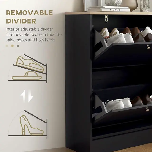 Alt view image 6 of 7 - Shoe Storage Cabinet with 2 Flip Drawers, Adjustable Shelves, Black | Wooden Freestanding Shoe Organizer, Narrow Design, Entryway, Hallway