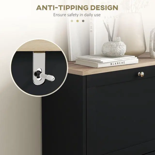 Alt view image 7 of 7 - Shoe Storage Cabinet with 2 Flip Drawers, Adjustable Shelves, Black | Wooden Freestanding Shoe Organizer, Narrow Design, Entryway, Hallway