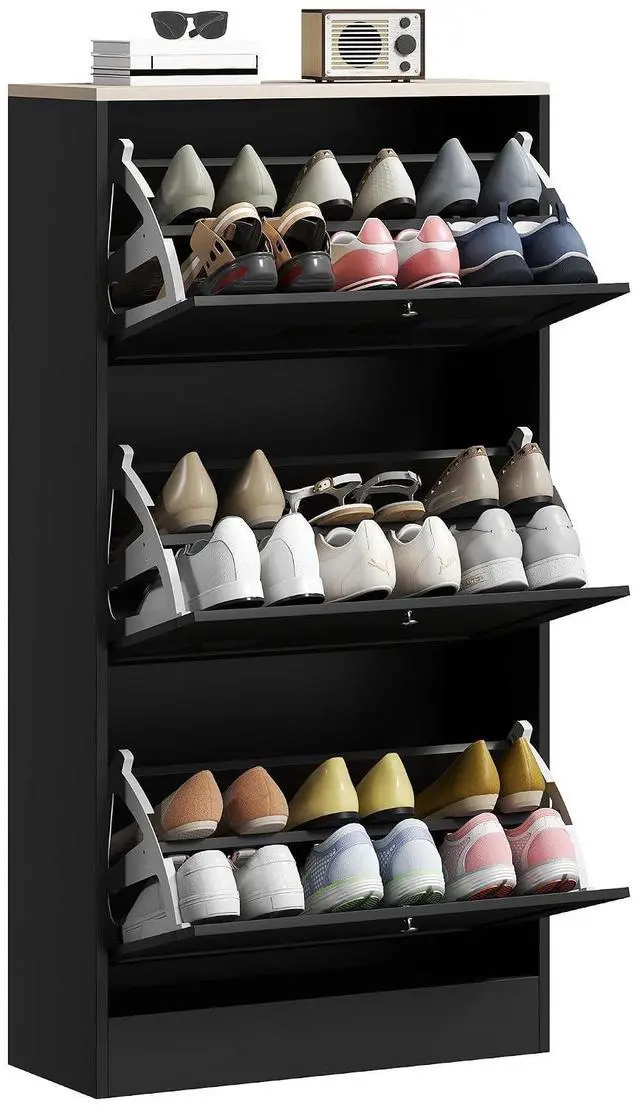 Main image of Shoe Cabinet with 3 Flip Drawers, Narrow Slim Shoe Rack, Black | Freestanding, Storage Cabinet, for Entryway, Hallway