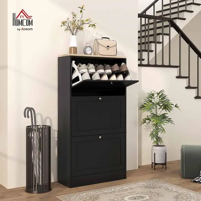 Alt view image 2 of 7 - Shoe Cabinet with 3 Flip Drawers, Narrow Slim Shoe Rack, Black | Freestanding, Storage Cabinet, for Entryway, Hallway