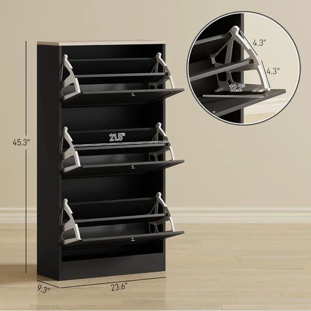 Alt view image 3 of 7 - Shoe Cabinet with 3 Flip Drawers, Narrow Slim Shoe Rack, Black | Freestanding, Storage Cabinet, for Entryway, Hallway