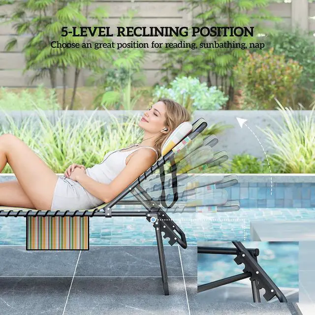 Alt view image 6 of 7 - 2 Piece Folding Chaise Lounge Outdoor w/Face Hole Rainbow Striped | 5-Level Reclining Back, Foldable, Tanning Chair, Face Hole, Side Pocket, Headrest, for Outside, Beach Yard Patio, Adults
