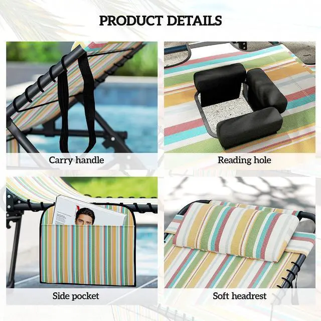 Alt view image 5 of 7 - 2 Piece Folding Chaise Lounge Outdoor w/Face Hole Rainbow Striped | 5-Level Reclining Back, Foldable, Tanning Chair, Face Hole, Side Pocket, Headrest, for Outside, Beach Yard Patio, Adults