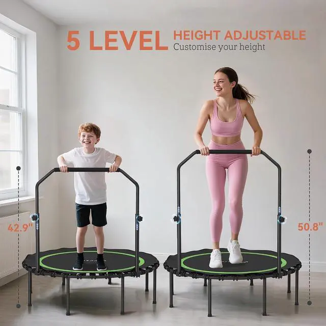 Alt view image 3 of 7 - 45/48" Rebounder Trampoline for Adults 440lbs Mini Trampoline | Foldable, Adjustable Handle, Quiet Safe Bungee Rebounder, Jumping Cardio Trainer, Indoor Outdoor Fitness Workout