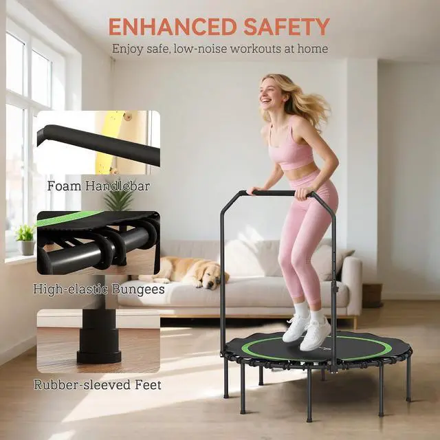 Alt view image 5 of 7 - 45/48" Rebounder Trampoline for Adults 440lbs Mini Trampoline | Foldable, Adjustable Handle, Quiet Safe Bungee Rebounder, Jumping Cardio Trainer, Indoor Outdoor Fitness Workout