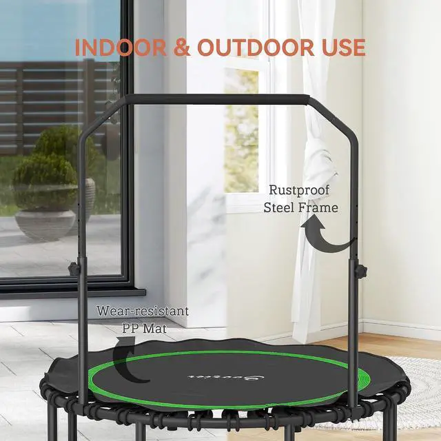 Alt view image 6 of 7 - 45/48" Rebounder Trampoline for Adults 440lbs Mini Trampoline | Foldable, Adjustable Handle, Quiet Safe Bungee Rebounder, Jumping Cardio Trainer, Indoor Outdoor Fitness Workout