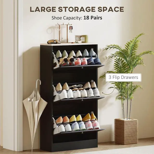 Alt view image 4 of 7 - Shoe Cabinet with 3 Flip Drawers, Narrow Slim Shoe Rack, Black | Freestanding, Storage Cabinet, for Entryway, Hallway