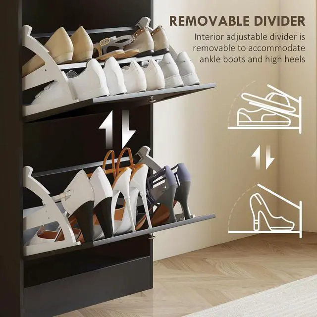 Alt view image 6 of 7 - Shoe Cabinet with 3 Flip Drawers, Narrow Slim Shoe Rack, Black | Freestanding, Storage Cabinet, for Entryway, Hallway