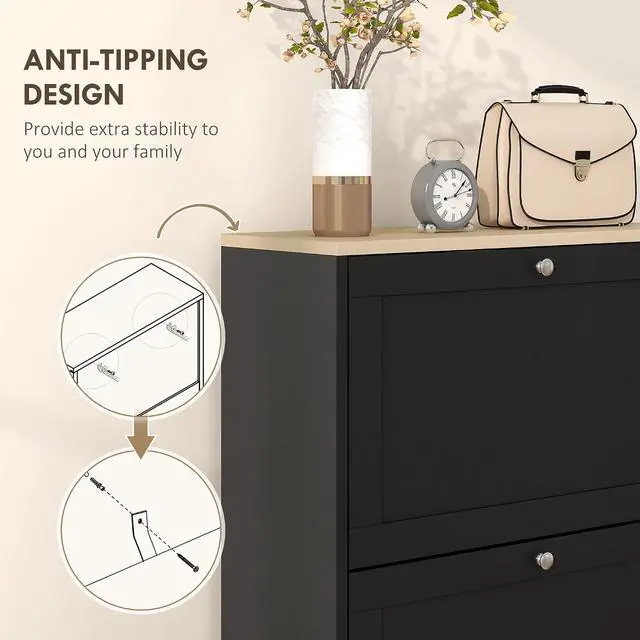 Alt view image 7 of 7 - Shoe Cabinet with 3 Flip Drawers, Narrow Slim Shoe Rack, Black | Freestanding, Storage Cabinet, for Entryway, Hallway