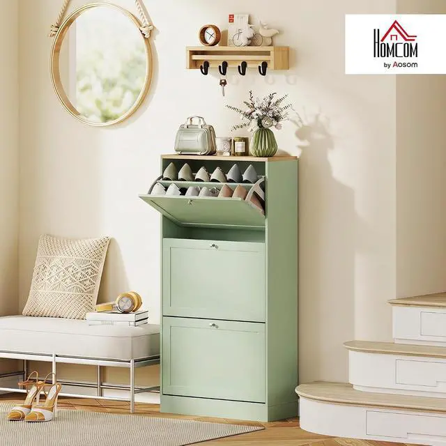 Alt view image 2 of 7 - Modern Shoe Storage Cabinet with 3 Flip Drawers, Wooden Freestanding Shoe Cabinet with Adjustable Shelves, 12-18 Pairs, for Entryway, Hallway, Green