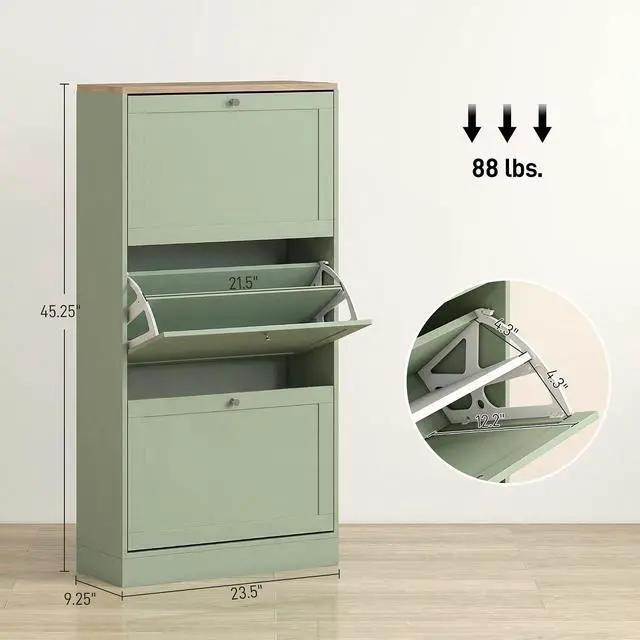 Alt view image 3 of 7 - Modern Shoe Storage Cabinet with 3 Flip Drawers, Wooden Freestanding Shoe Cabinet with Adjustable Shelves, 12-18 Pairs, for Entryway, Hallway, Green