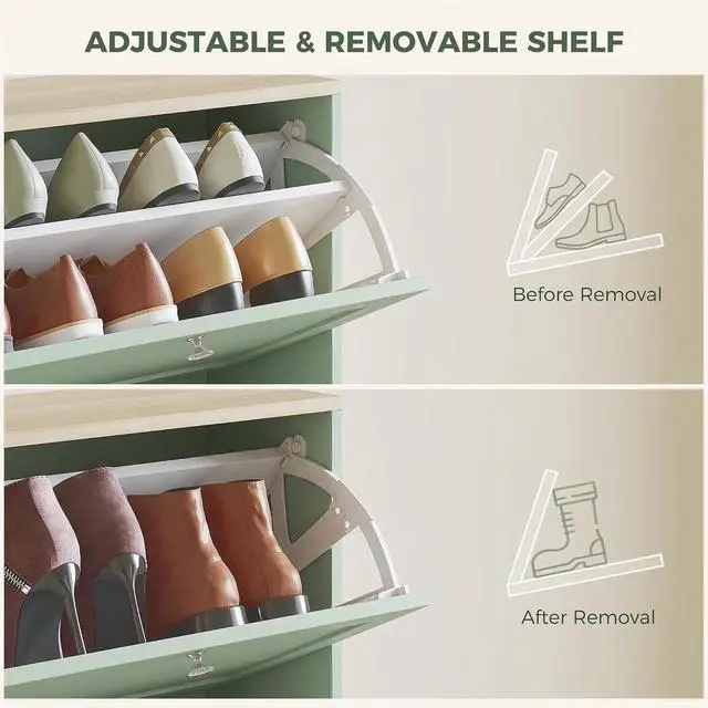 Alt view image 5 of 7 - Modern Shoe Storage Cabinet with 3 Flip Drawers, Wooden Freestanding Shoe Cabinet with Adjustable Shelves, 12-18 Pairs, for Entryway, Hallway, Green