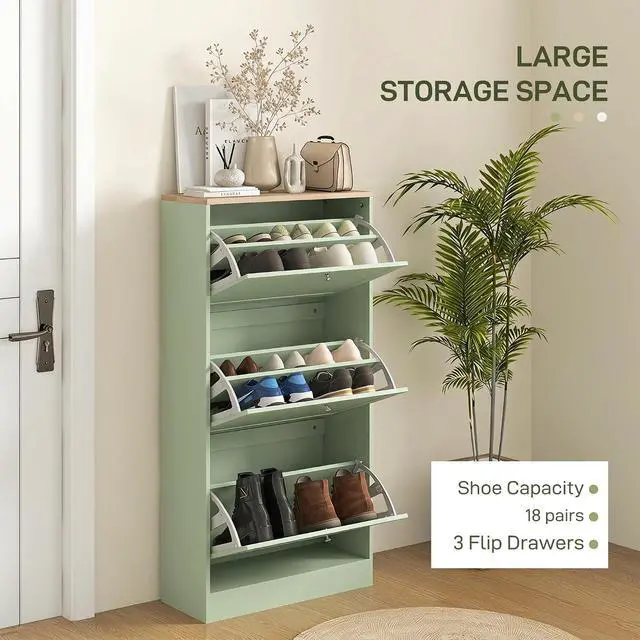 Alt view image 4 of 7 - Modern Shoe Storage Cabinet with 3 Flip Drawers, Wooden Freestanding Shoe Cabinet with Adjustable Shelves, 12-18 Pairs, for Entryway, Hallway, Green