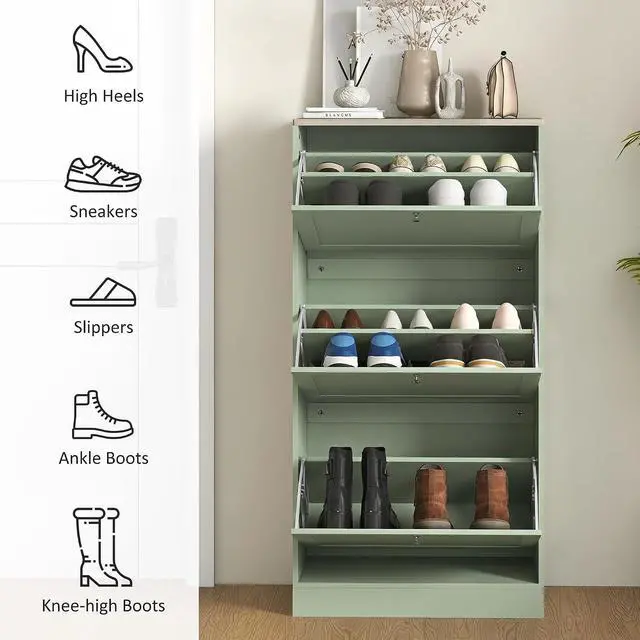 Alt view image 6 of 7 - Modern Shoe Storage Cabinet with 3 Flip Drawers, Wooden Freestanding Shoe Cabinet with Adjustable Shelves, 12-18 Pairs, for Entryway, Hallway, Green