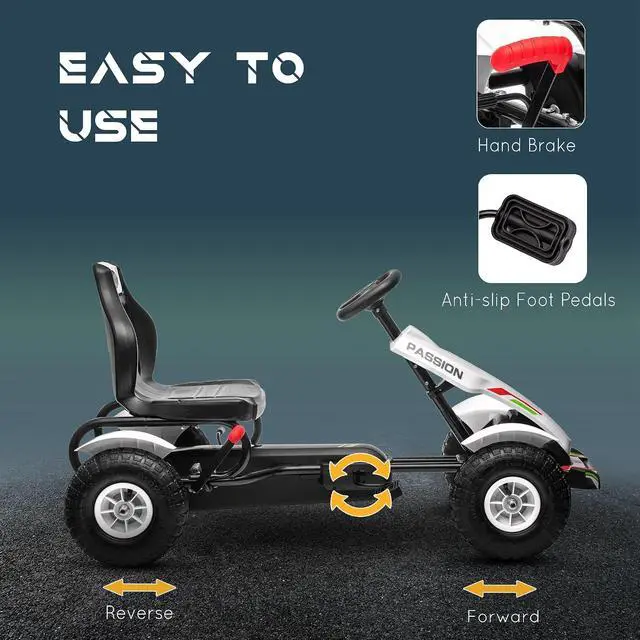 Alt view image 4 of 7 - Kids Pedal Go Kart Outdoor Adjustable Seat Handbrake Ages 5-12 White | Outdoor Ride on Toys, Sharp Handling, 4 Non-Slip Rubber Wheels, for Boys & Girls