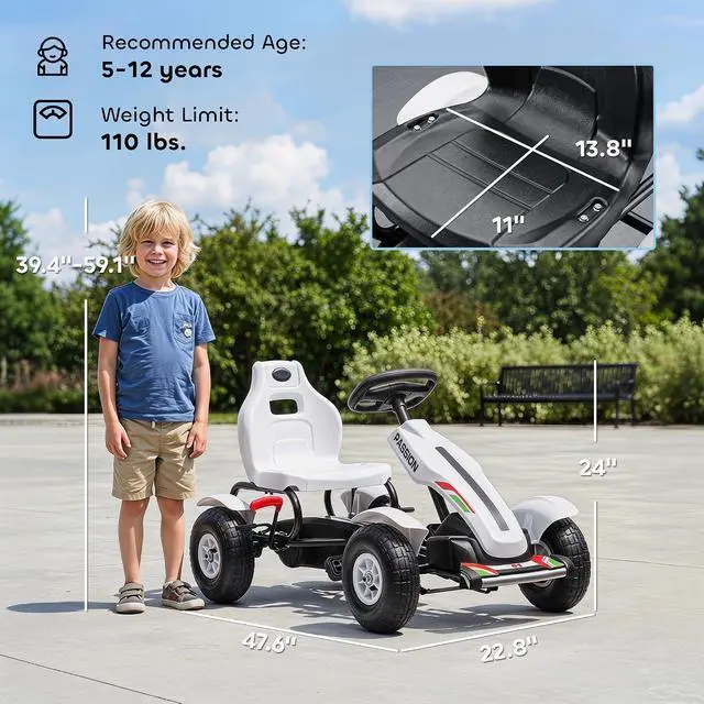 Alt view image 7 of 7 - Kids Pedal Go Kart Outdoor Adjustable Seat Handbrake Ages 5-12 White | Outdoor Ride on Toys, Sharp Handling, 4 Non-Slip Rubber Wheels, for Boys & Girls