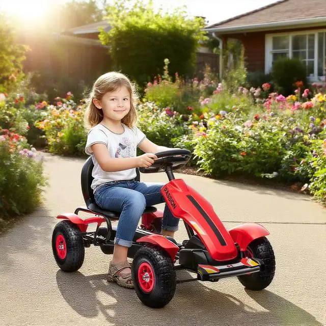 Alt view image 2 of 7 - Kids Pedal Go Kart Adjustable Seat Sharp Handling Ages 5-12 Red | Outdoor Ride on Toys, Handbrake, 4 Non-Slip Rubber Wheels, for Boys & Girls