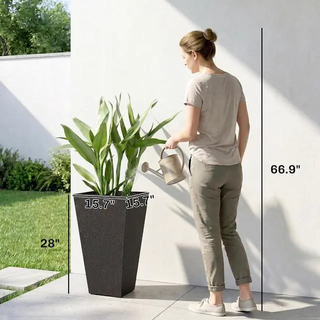 Alt view image 3 of 7 - 28 Inch Plastic Tall Planters for Outdoor Plants Set of 3, Brown | Marble Finish, Drainage Holes, Stackable Tapered Design, Large Planters for Indoor Plants, Front Porch Decor