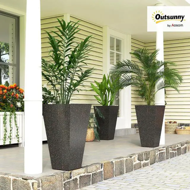 Alt view image 2 of 7 - 28 Inch Plastic Tall Planters for Outdoor Plants Set of 3, Brown | Marble Finish, Drainage Holes, Stackable Tapered Design, Large Planters for Indoor Plants, Front Porch Decor