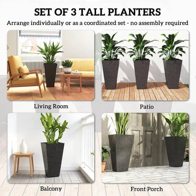 Alt view image 4 of 7 - 28 Inch Plastic Tall Planters for Outdoor Plants Set of 3, Brown | Marble Finish, Drainage Holes, Stackable Tapered Design, Large Planters for Indoor Plants, Front Porch Decor