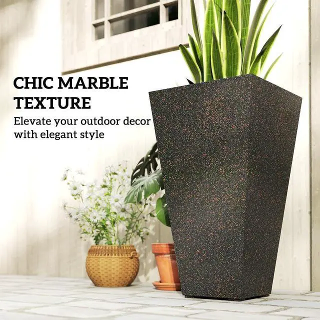 Alt view image 5 of 7 - 28 Inch Plastic Tall Planters for Outdoor Plants Set of 3, Brown | Marble Finish, Drainage Holes, Stackable Tapered Design, Large Planters for Indoor Plants, Front Porch Decor