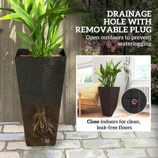 Alt view image 7 of 7 - 28 Inch Plastic Tall Planters for Outdoor Plants Set of 3, Brown | Marble Finish, Drainage Holes, Stackable Tapered Design, Large Planters for Indoor Plants, Front Porch Decor