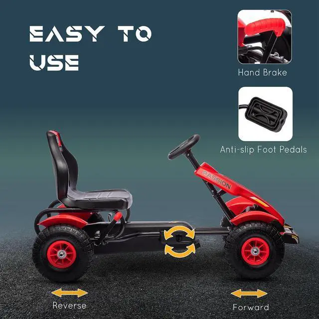 Alt view image 4 of 7 - Kids Pedal Go Kart Adjustable Seat Sharp Handling Ages 5-12 Red | Outdoor Ride on Toys, Handbrake, 4 Non-Slip Rubber Wheels, for Boys & Girls