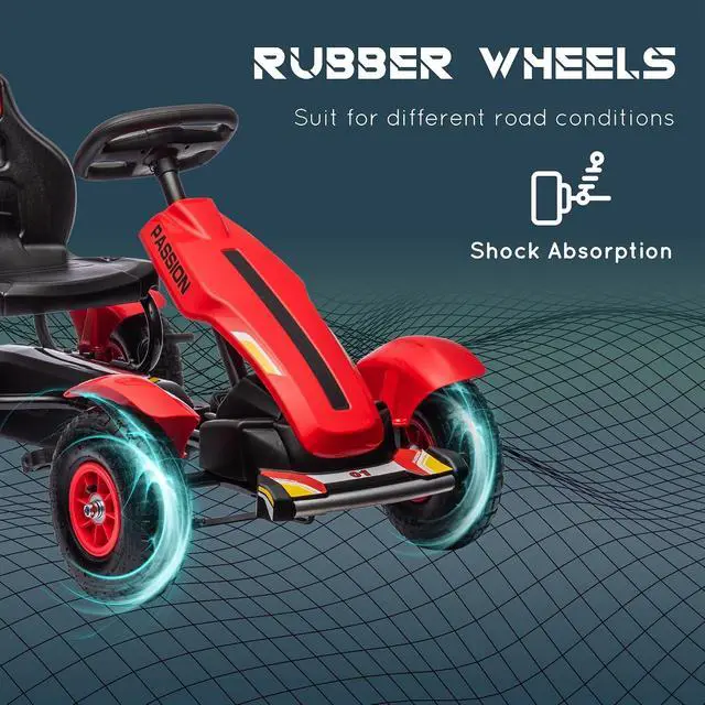 Alt view image 5 of 7 - Kids Pedal Go Kart Adjustable Seat Sharp Handling Ages 5-12 Red | Outdoor Ride on Toys, Handbrake, 4 Non-Slip Rubber Wheels, for Boys & Girls