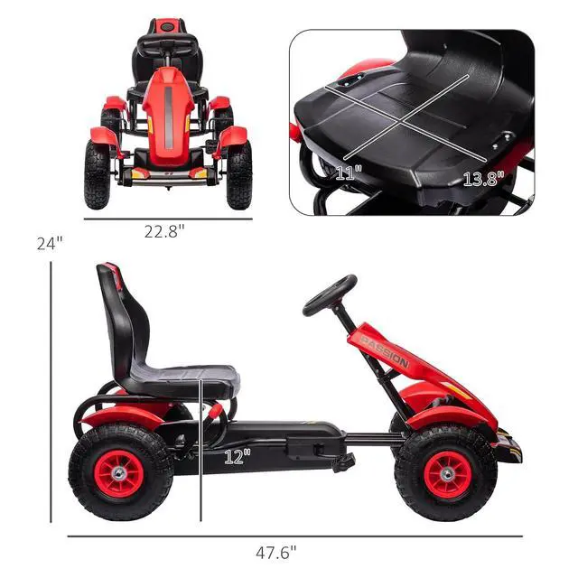 Alt view image 7 of 7 - Kids Pedal Go Kart Adjustable Seat Sharp Handling Ages 5-12 Red | Outdoor Ride on Toys, Handbrake, 4 Non-Slip Rubber Wheels, for Boys & Girls
