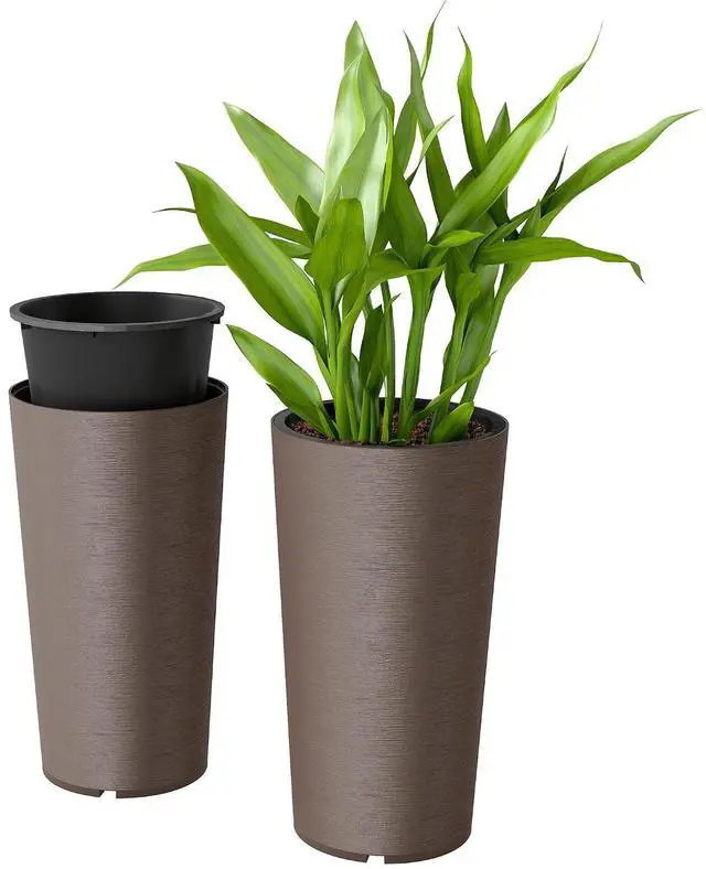 Main image of 29 Inch Tall Planters for Outdoor Plants Set of 2, Brown | Plastic Flower Pots, DIY Drainage Holes, Stackable Large Planters for Indoor Plants, Front Porch Decor