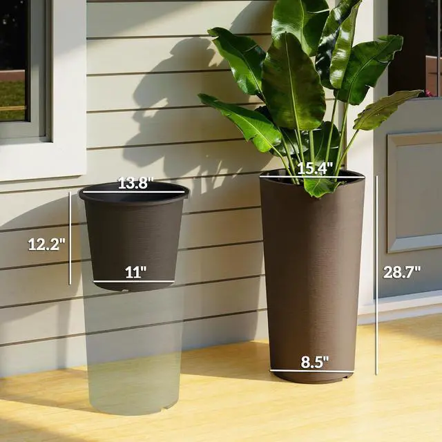 Alt view image 3 of 7 - 29 Inch Tall Planters for Outdoor Plants Set of 2, Brown | Plastic Flower Pots, DIY Drainage Holes, Stackable Large Planters for Indoor Plants, Front Porch Decor