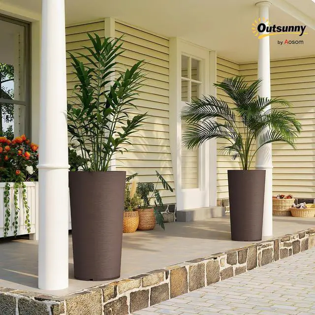 Alt view image 2 of 7 - 29 Inch Tall Planters for Outdoor Plants Set of 2, Brown | Plastic Flower Pots, DIY Drainage Holes, Stackable Large Planters for Indoor Plants, Front Porch Decor