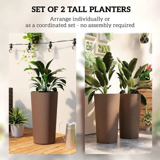 Alt view image 4 of 7 - 29 Inch Tall Planters for Outdoor Plants Set of 2, Brown | Plastic Flower Pots, DIY Drainage Holes, Stackable Large Planters for Indoor Plants, Front Porch Decor