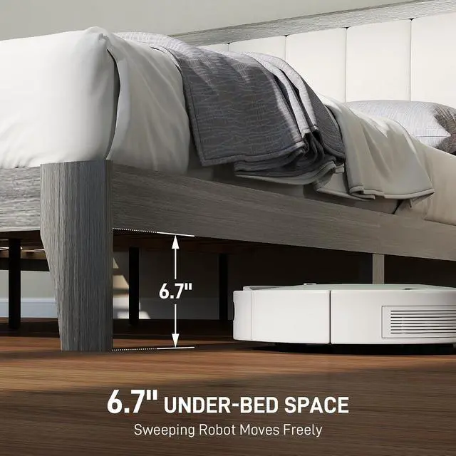 Alt view image 5 of 7 - Queen Size Bed Frame, Upholstered Headboard, Wooden Slats, Gray | Platform Bed Frame, No Box Spring Needed, Easy Assembly