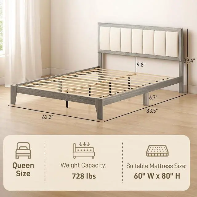 Alt view image 2 of 7 - Queen Size Bed Frame, Upholstered Headboard, Wooden Slats, Gray | Platform Bed Frame, No Box Spring Needed, Easy Assembly