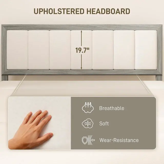 Alt view image 4 of 7 - Queen Size Bed Frame, Upholstered Headboard, Wooden Slats, Gray | Platform Bed Frame, No Box Spring Needed, Easy Assembly