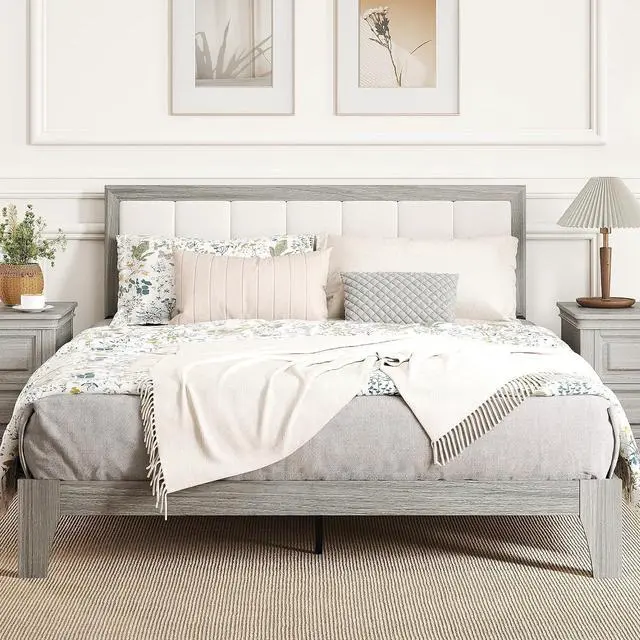 Main image of Queen Size Bed Frame, Upholstered Headboard, Wooden Slats, Gray | Platform Bed Frame, No Box Spring Needed, Easy Assembly